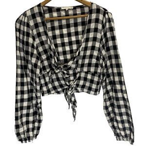 LE LIS Halter Top Check Tie Front Cropped V-Neck Long Sleeve Women M Black White